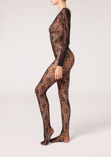 579C Special Edition Black Floral Lace Full Body Tights With Cut Out Women Patterned Tights Calzedonia Free