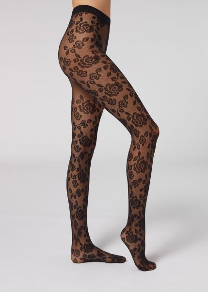 Calzedonia Floral Motif 40 Denier Tulle Tights Patterned Tights Women Smart 4241 Black Tulle Floral