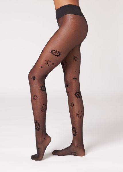 Calzedonia Patterned Tights Mega Sale 754C Astrology Black Women Flocked Sun And Moon 30 Denier Sheer Tights