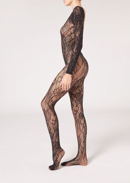 Women Floral Full Body Tights With Rhinestones Calzedonia 579C Special Edition Black Latest Patterned Tights