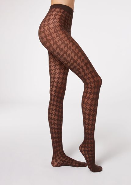 Women Houndstooth 30 Denier Sheer Tights Patterned Tights 5351 Dark Brown Houndstooth Calzedonia Functional