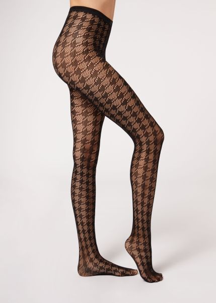 Patterned Tights Trendy Houndstooth Motif Mesh Tights 5287 Black Mesh Houndstooth Women Calzedonia