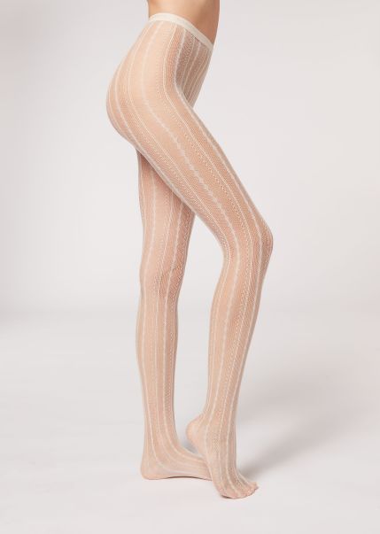 Women Patterned Tights Calzedonia 5285 Natural Rope Mesh Vertical Motifs Limited Vertical Motif Mesh Tights