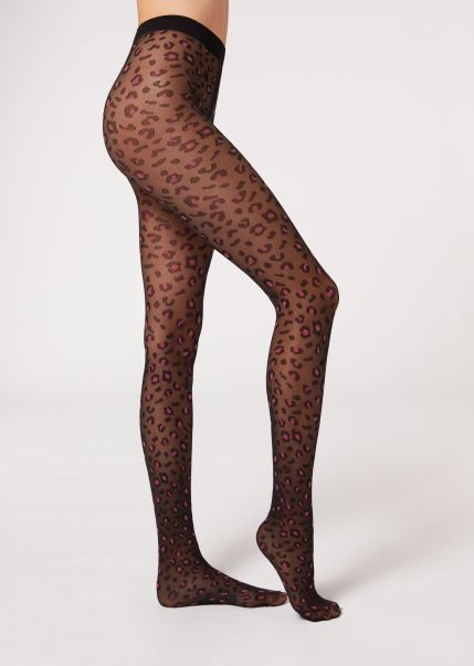 Women Pink Animal Pattern Sheer 30 Denier Tights Precision Patterned Tights Calzedonia 5295 Black/Spotted Fuchsia