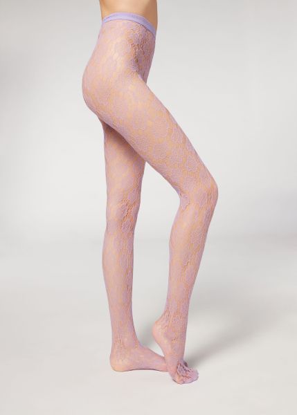 5248 Lilac Floral Mesh Floral-Motif Fishnet Tights Women Price Drop Patterned Tights Calzedonia