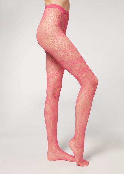 Floral Lace-Motif Fishnet Tights Patterned Tights Calzedonia Women Refashion 5246 Fuchsia Mesh Lace