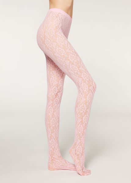 Calzedonia Colored Floral Lace Tights Cozy Patterned Tights 612C Pink Lace Women