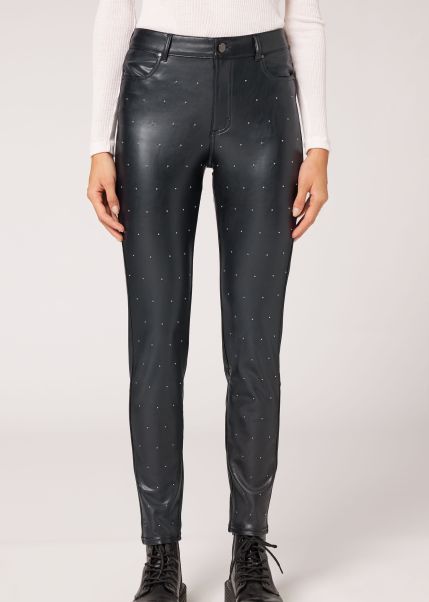 Women Coated Thermal Skinny Leggings With All Over Studs Affordable Calzedonia Leggings 019 Black