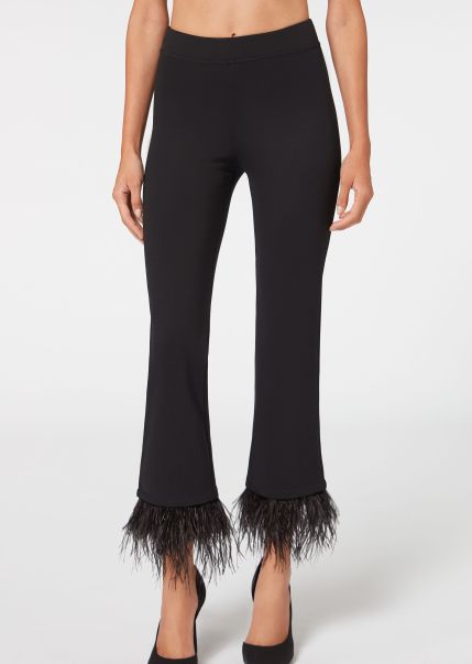 Women 019 Black Enrich Flared Cropped Leggings With Feathers Calzedonia Leggings