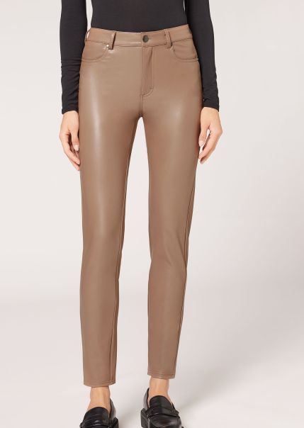 Calzedonia 781C Light Grey Leggings Thermal Leather-Effect Pants Women Trendy