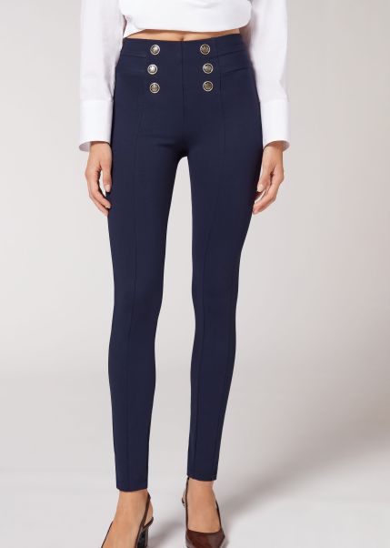 Skinny Shaping Leggings With Buttons Calzedonia 774C Blue Women Leggings Exceptional