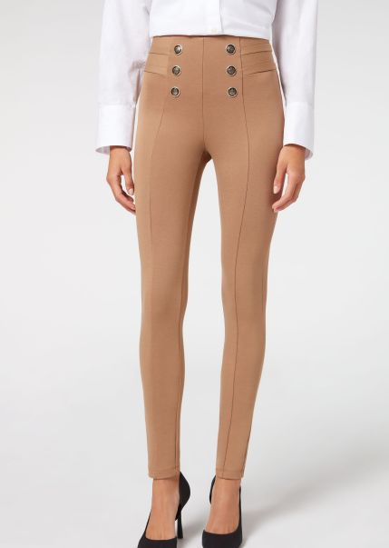 Women Skinny Shaping Leggings With Buttons Calzedonia 772C Camel Leggings Quality