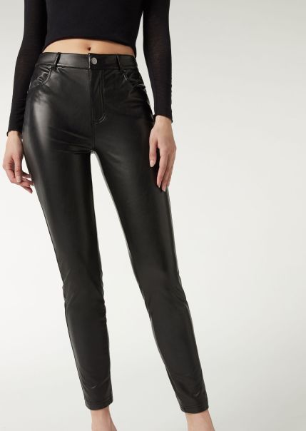 Calzedonia Women Leggings Amplify Thermal Leather-Effect Pants 019 Black