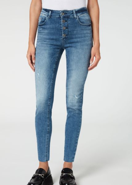 Jeans Women Calzedonia Cost-Effective Super Skinny Buttoned Jeans 808C Medium Denim Blue