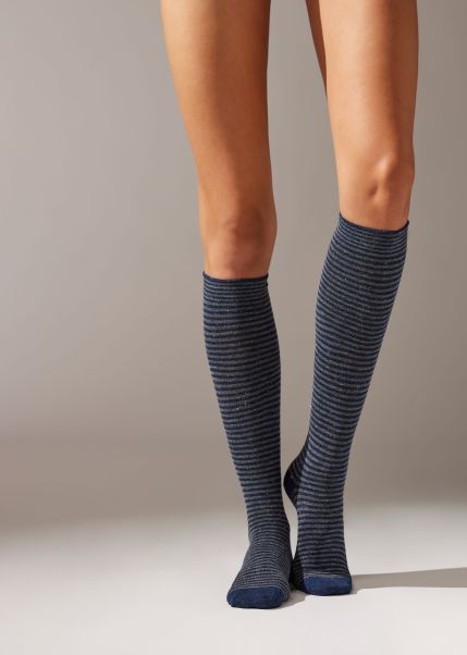 Long Socks Purchase Calzedonia 9784 Blue Cashmere Women Long Striped Cashmere And Glitter Socks