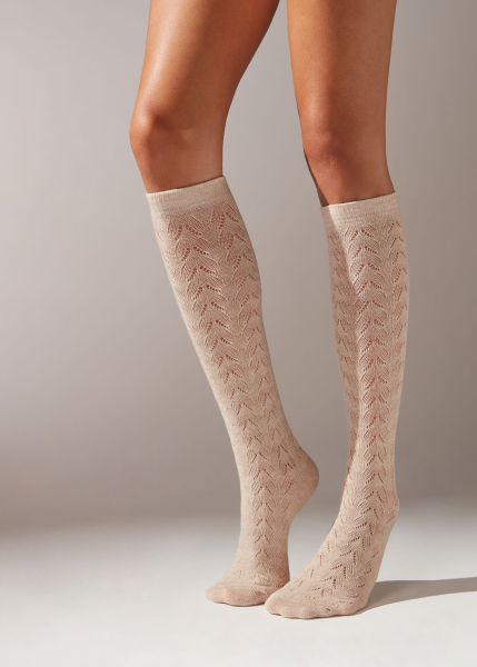 Long Socks Customized 9902 Natural Melange Women Fretwork 3/4 Long Socks Calzedonia