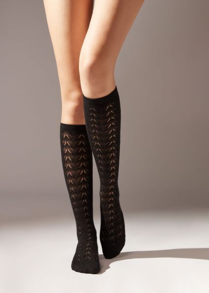 019 Black Calzedonia Women Long Socks Fretwork 3/4 Long Socks Versatile