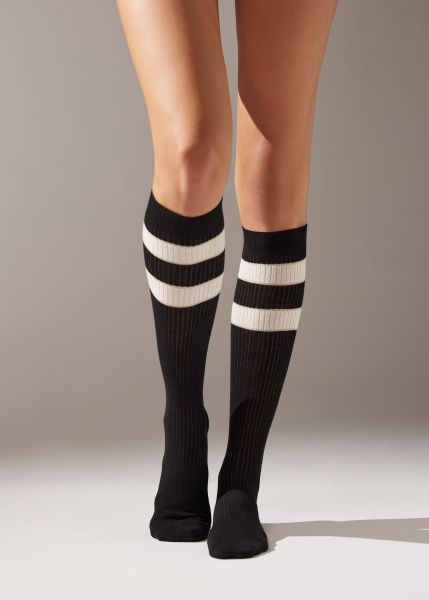 Liquidation Long Socks Ribbed Striped Long Socks Women Calzedonia 9824 Ribbed Black Stripes