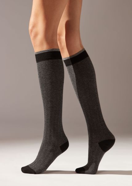 Herringbone Motif Long Socks With Glitter 9949 Black/Gray Herringbone Long Socks Women Calzedonia Liquidation