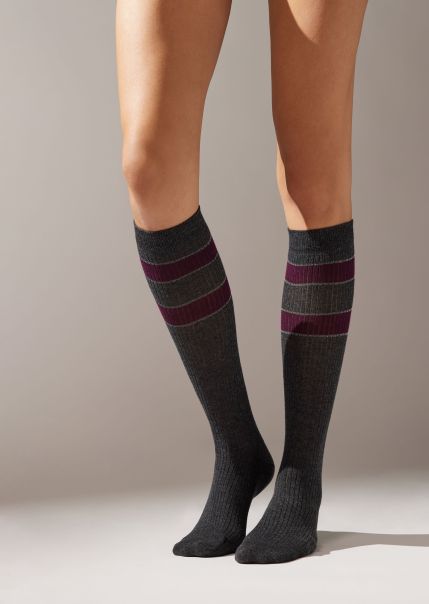 Ribbed Striped Long Socks Calzedonia Women Long Socks 9775 Ribbed Striped Anthracite Gray Promo