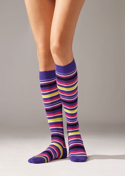 1298 Purple Stripes Long Socks Pioneer Calzedonia Women Colorful Striped Long Socks