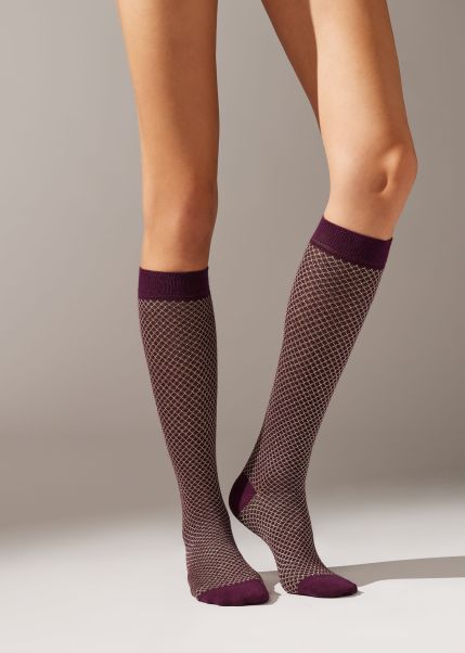 9919 Plum Purple Long Socks Women Calzedonia Economical Diamond Motif Long Socks With Glitter
