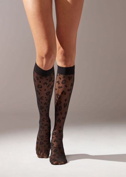Animal Pattern Sheer Knee-High Socks Calzedonia Women Superior Long Socks 5270 Black Animal Print