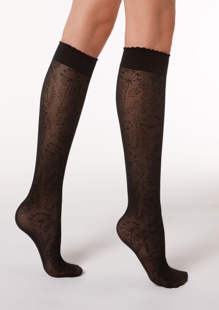 Calzedonia Women 4583 Black Flowers Long Socks Stylish Knee Highs In Floral Patterned Mesh