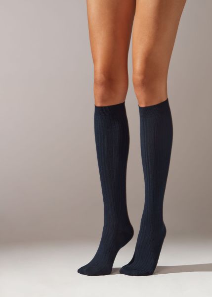 Voucher Long Ribbed Cashmere Socks Women Long Socks Calzedonia 016 Blue