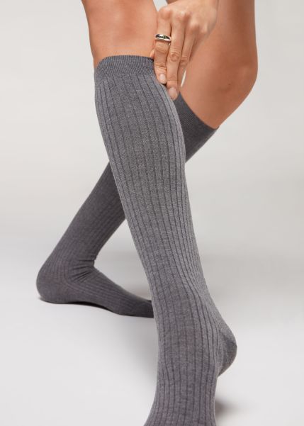 Calzedonia Women 042 Mid Grey Blend Long Ribbed Cashmere Socks Craft Long Socks