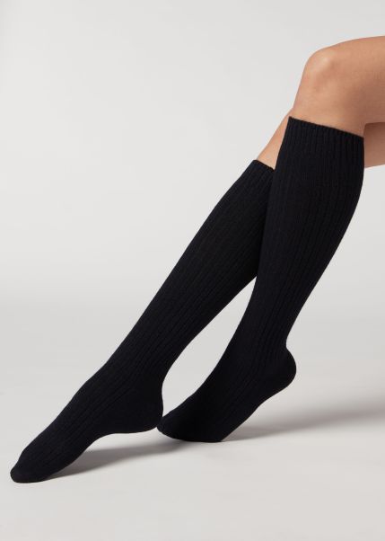 016 Blue Calzedonia Long Socks Manifest Women’s Ribbed Long Socks With Wool And Cashmere Women