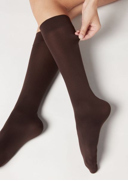 Women Calzedonia Intuitive 848 Dark Brown Long Socks 60 Denier Microfiber Knee-Highs