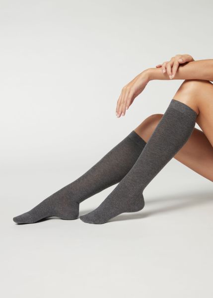 Tall Satin Cotton Socks Calzedonia Practical 660 Medium Gray Heather Women Long Socks