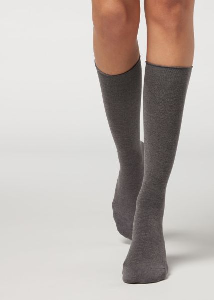 Women 042 Mid Grey Blend Long Socks Calzedonia Cashmere Blend 3/4 Socks Practical