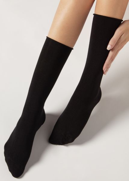 Women Calzedonia 019 Black Women’s Smooth Cotton Mid-Calf Socks Craft Long Socks