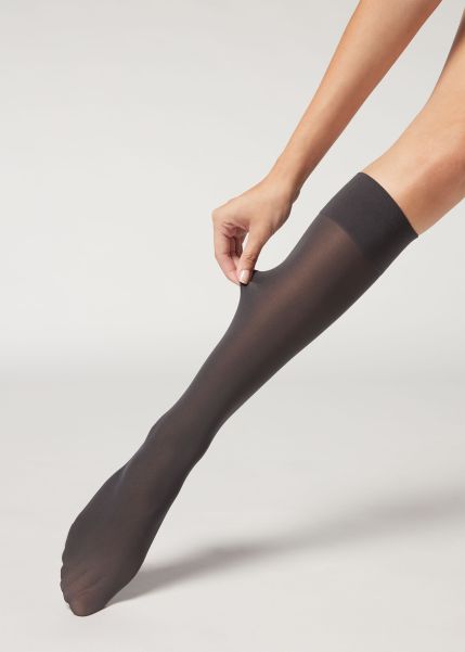 Calzedonia 30 Denier Semi Opaque Microfiber Knee-Highs Women 004 Gray Style Long Socks