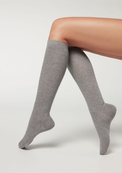 Long Socks 042 Mid Grey Blend Women Calzedonia Bold Tall Satin Cotton Socks