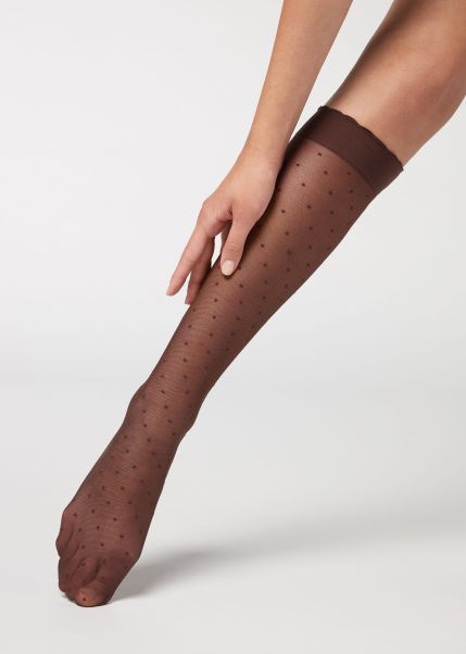 Women Patterned Knee-High Socks Calzedonia 4814 Black Dark Brown Polka Dot Pattern Gold Long Socks Intuitive