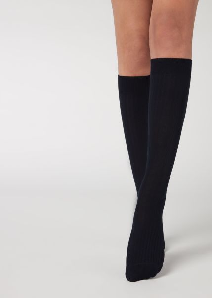 Calzedonia Online Women Long Socks 016 Blue Women’s Ribbed Long Socks With Cashmere