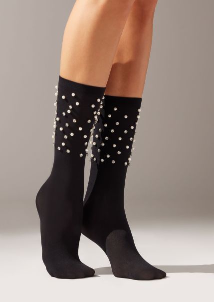 Opaque Short Socks With Pearls And Rhinestones 5315 Black Stones Pearls Women Low Cost Short Socks Calzedonia