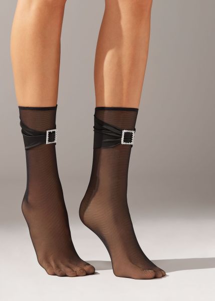807C Black Tulle And Buckle Tulle Short Socks With Rhinestone Buckle Calzedonia Enrich Short Socks Women