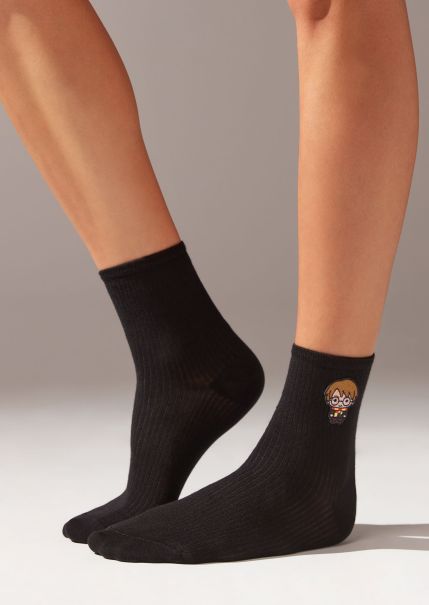 9854 Black Harry Potter Patch Short Socks Expert Women Calzedonia Harry Potter Appliqué Short Socks