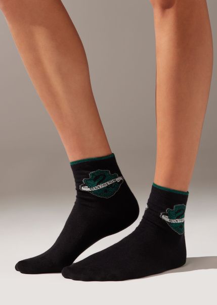 9856 Black Harry Potter Slytherin Intuitive Calzedonia Women Short Socks Harry Potter Short Socks With Glitter