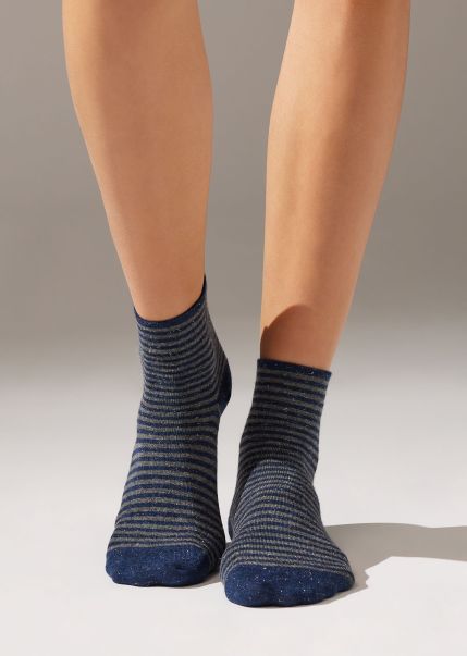 Short Socks Calzedonia Striped Cashmere Blend Short Socks With Glitter 9784 Blue Cashmere Effective Women