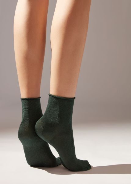 Women Calzedonia Short Socks Compact 4159 Dark Green Soft Cuff Short Socks With Glitter