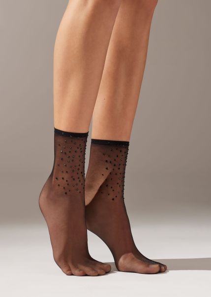 Short Socks Deal Sheer Short Socks With Rhinestones Women 5311 Misty Black Rhinestone Calzedonia