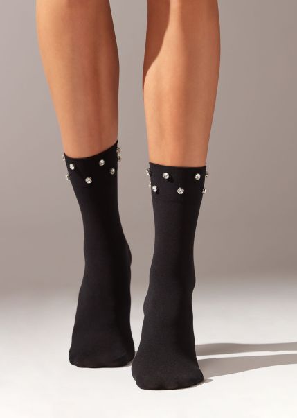 Top 3213 Black Stones Opaque Short Socks With Rhinestones Short Socks Calzedonia Women
