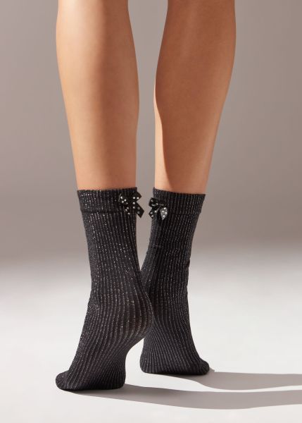 Short Socks Calzedonia Ribbed Opaque Short Socks With Bow Simple Women 5313 Ribbed Black Glitter And Bow