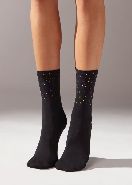 Women 5312 Black Rhinestone Multi-Color 2024 Calzedonia Opaque Short Socks With Rhinestones Short Socks