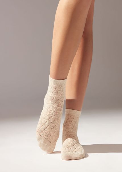 Calzedonia 9838 Cream Glitter Fretwork Short Socks With Glitter Women Short Socks Natural